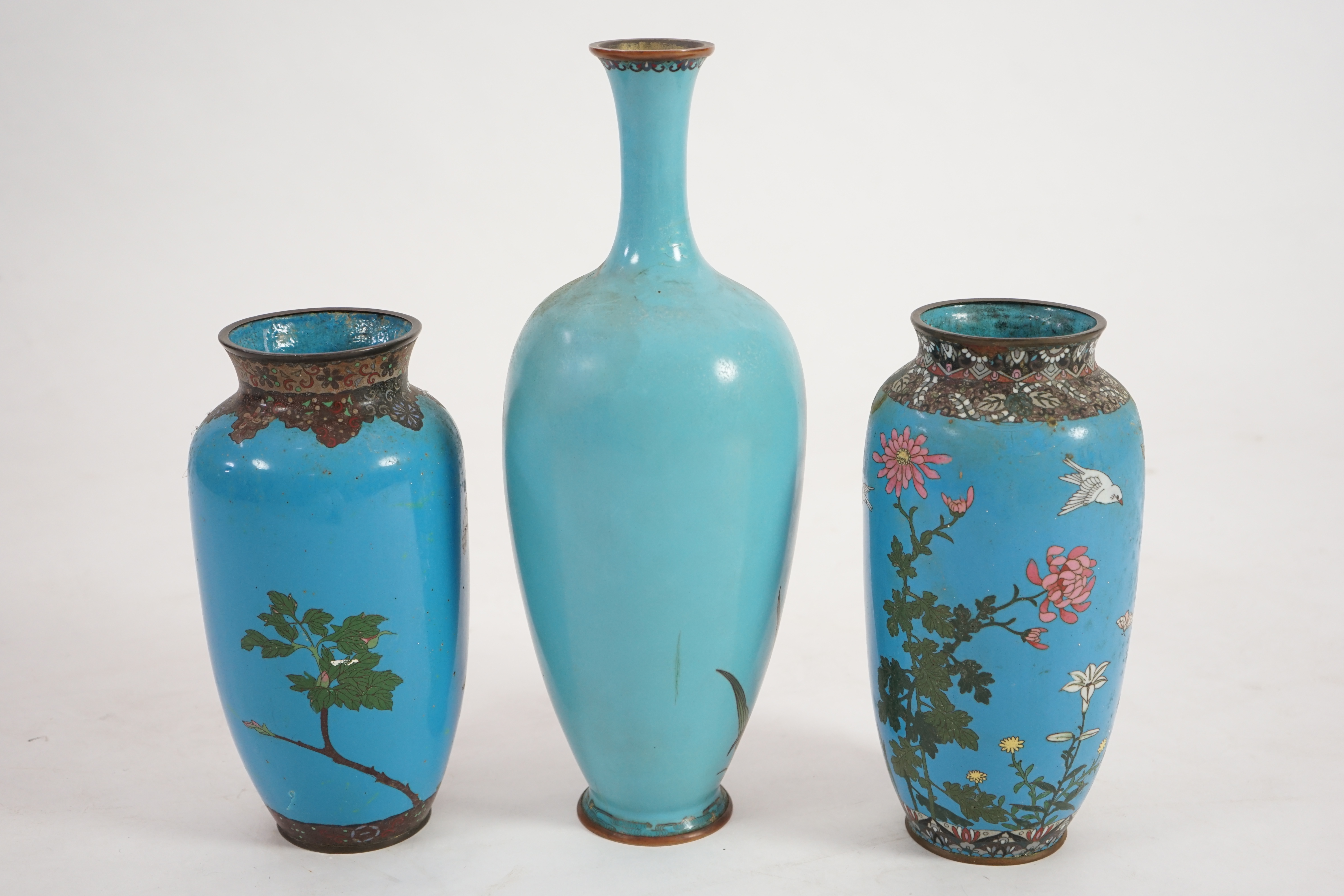 Three Japanese cloisonné vase, late Meiji period